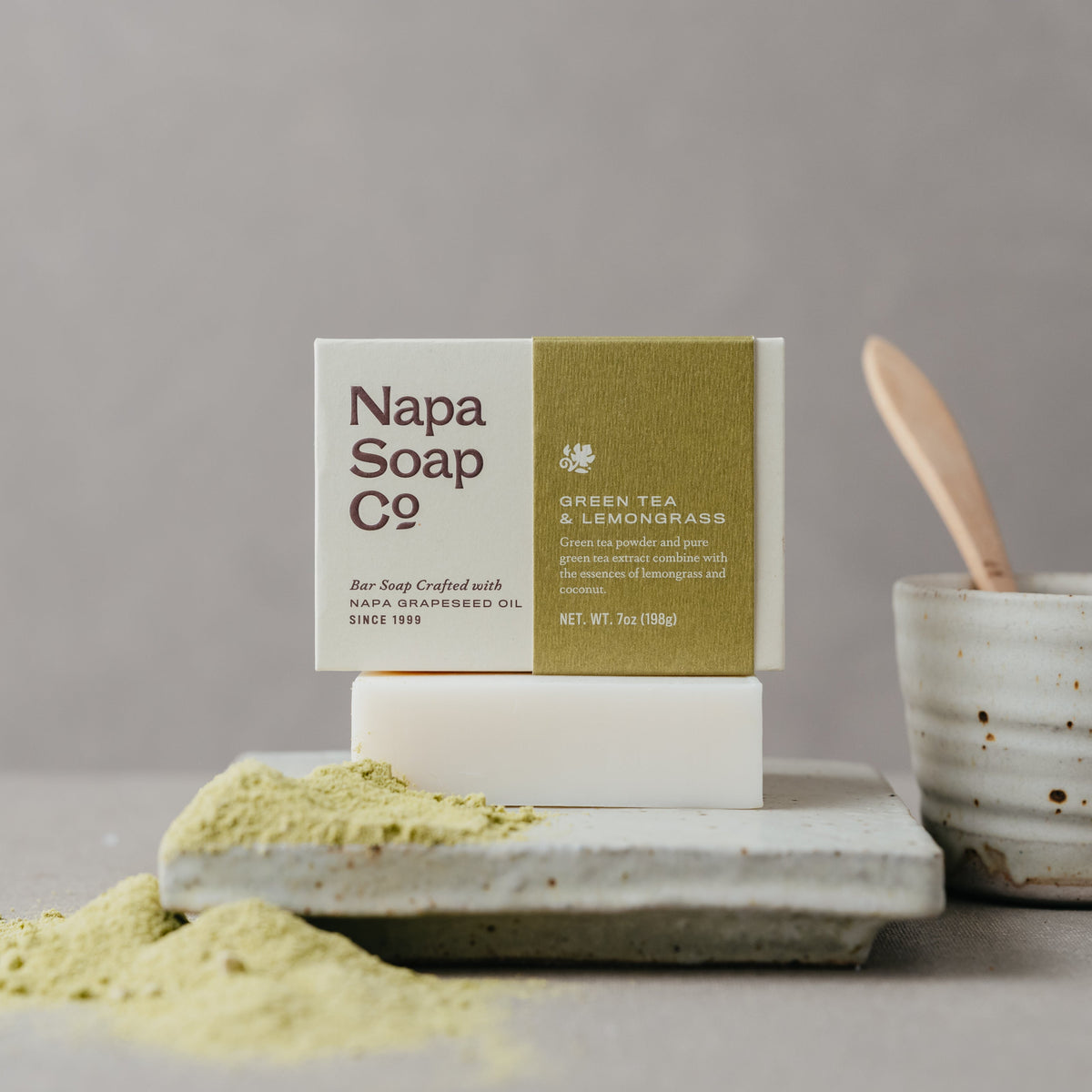 Napa Soap Co. bar soap with green tea and lemongrass scent on a gray background
