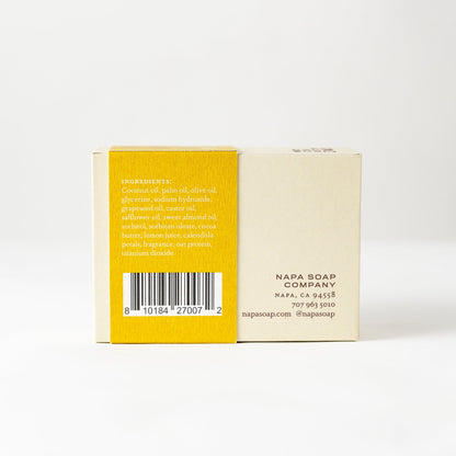 Napa Soap Company soap bar with yellow and beige packaging on a white background