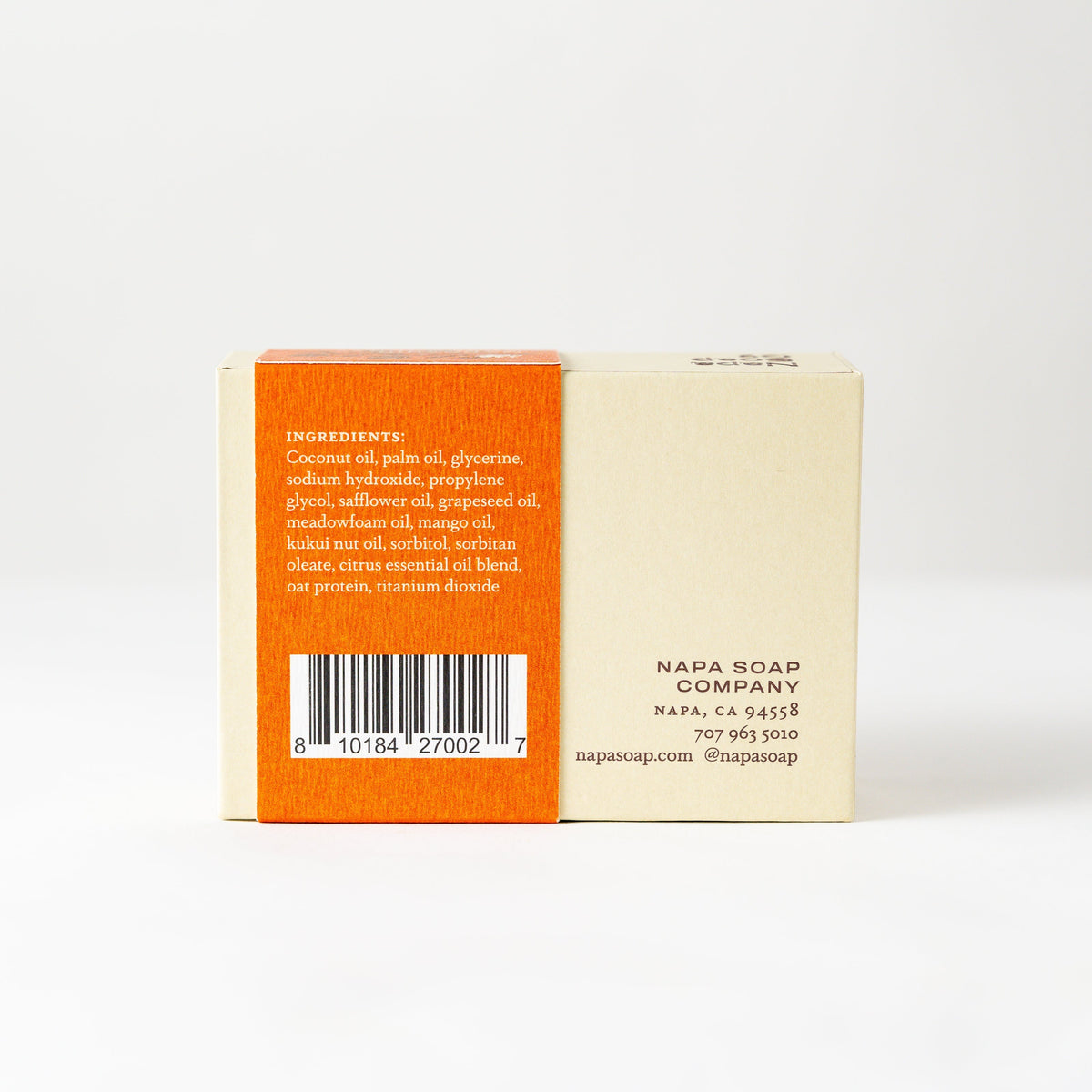 Napa Soap Company soap bar packaging with orange and beige design on a white background
