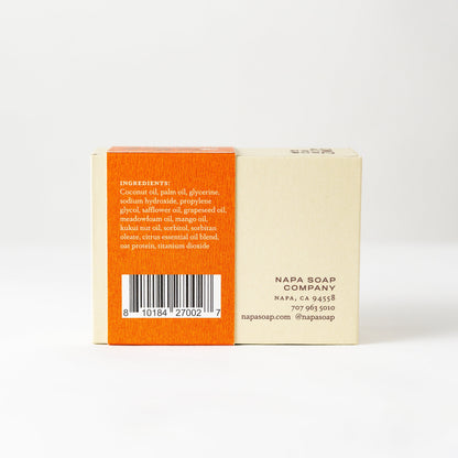 Napa Soap Company soap bar packaging with orange and beige design on a white background