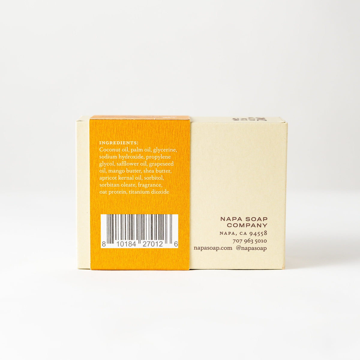 Back of a soap packaging with Napa Soap Company branding on a white background