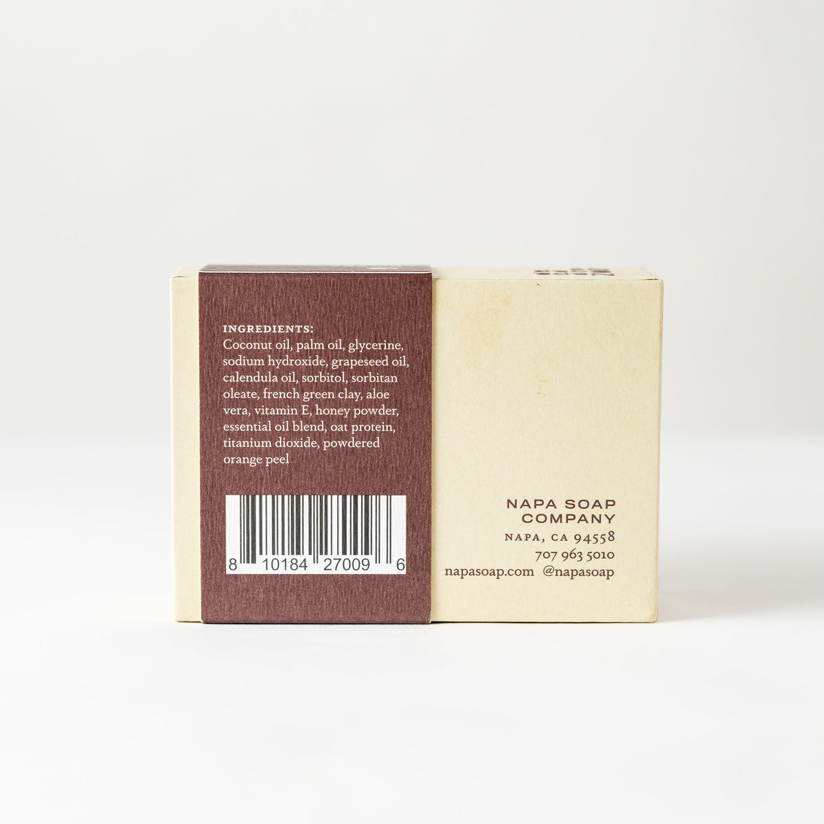 Back of a soap bar with Napa Soap Company branding and contact information.