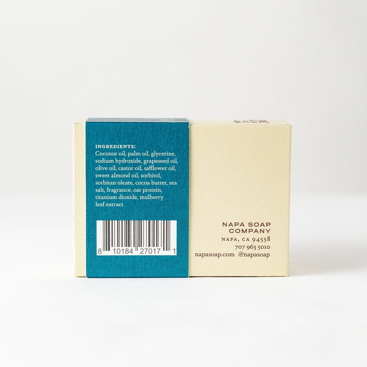 Napa Soap Company soap bar with blue and beige packaging on a white background