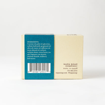 Napa Soap Company soap bar with blue and beige packaging on a white background