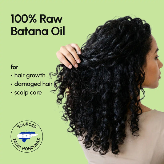 Person with curly hair holding it, with text about 100% raw batana oil for hair care on a green background.