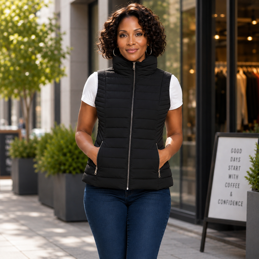 Fitkitty Culture PuffTech high collar quilted vest in black