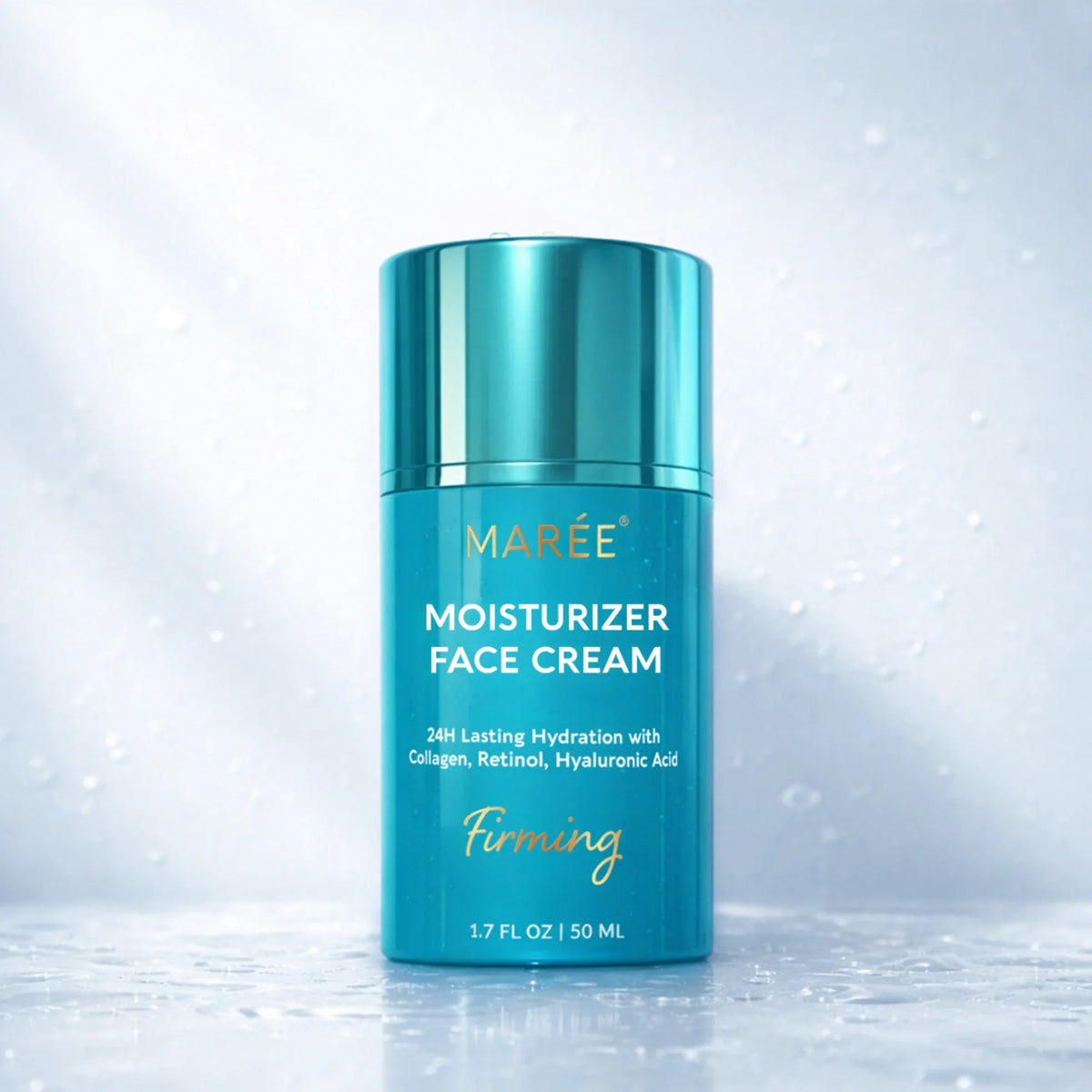 A teal blue jar of MARÉE Moisturizer Face Cream with a matching metallic cap, set against a cool, light blue background with water droplets.