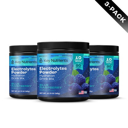 Key Nutrients Electrolyte Recovery Plus powder in Blue Raspberry, three-pack packaging