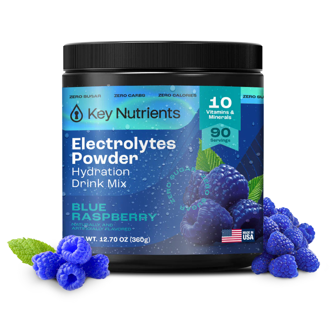 Key Nutrients Electrolyte Recovery Plus powder in Blue Raspberry, 90-serving tub