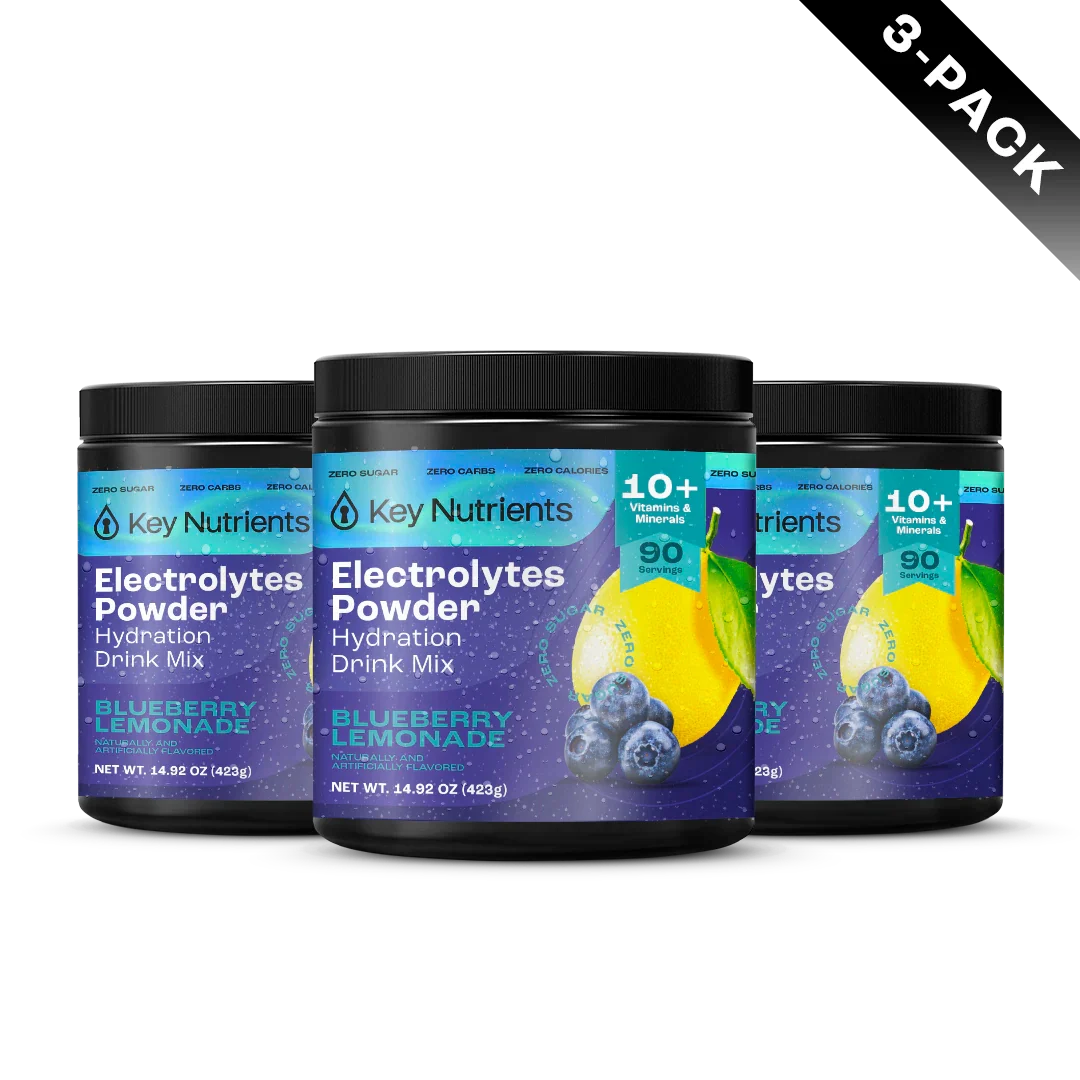 Key Nutrients Electrolyte Recovery Plus powder in Blueberry Lemonade, three-pack packaging