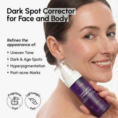 Woman holding a dark spot corrector bottle with product features listed on a white background