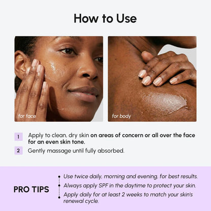 Instructions on how to use a skincare product with images of application on face and body.