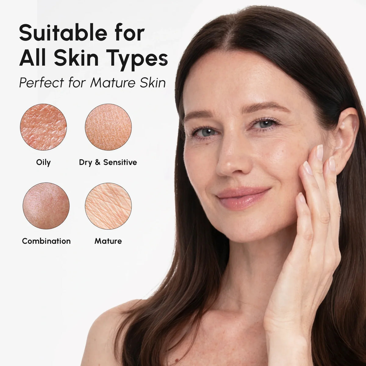 Woman with mature skin showing product suitability for all skin types on a white background