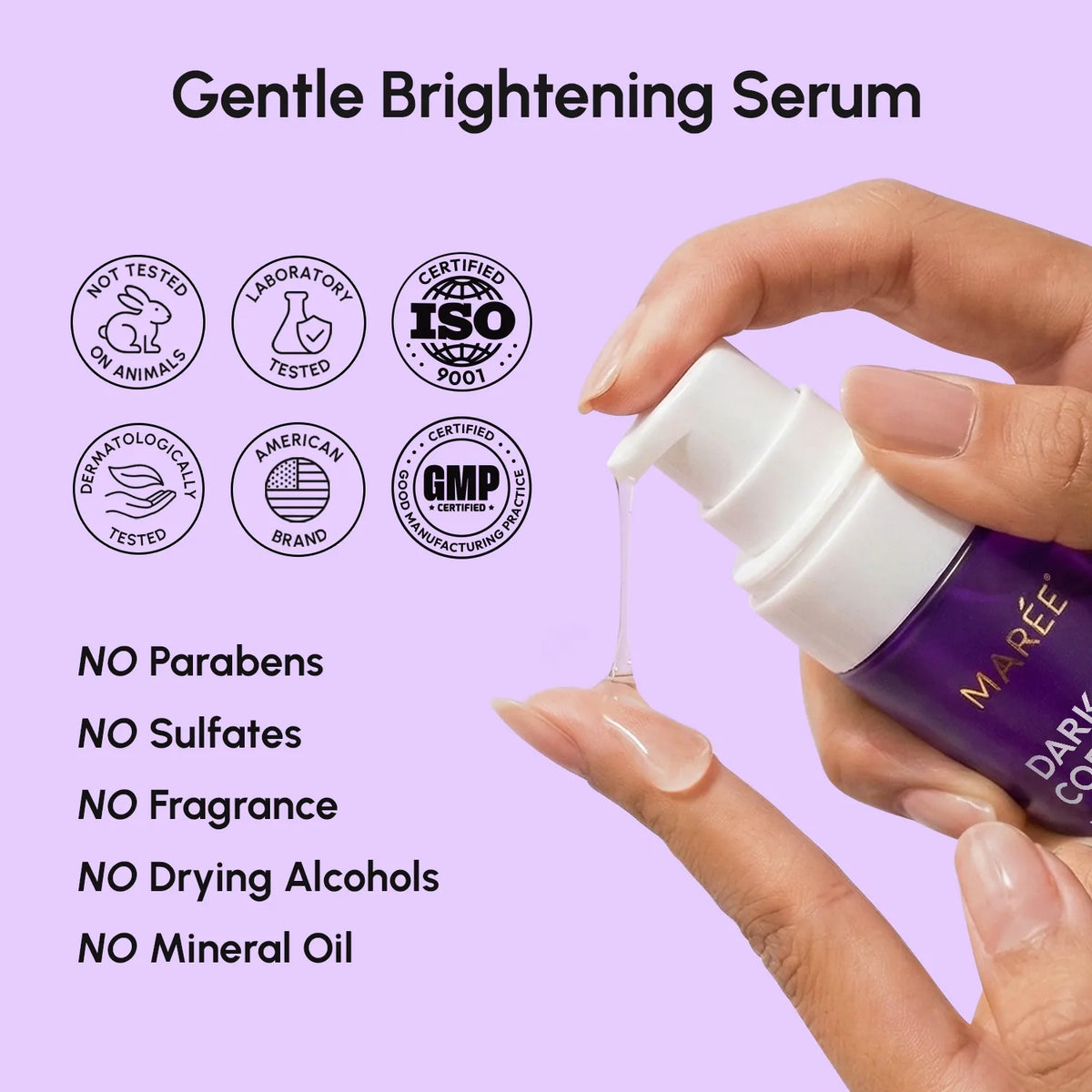 Maré Dermacol Gentle Brightening Serum being applied with a hand on a purple background, featuring certification logos.