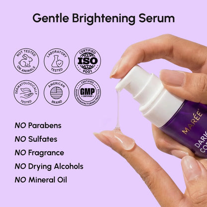 Maré Dermacol Gentle Brightening Serum being applied with a hand on a purple background, featuring certification logos.