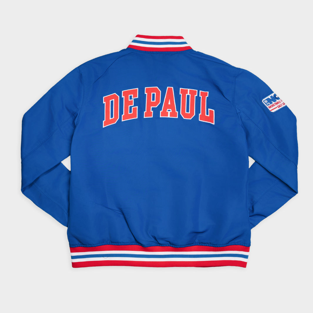 Blue jacket with 'DePaul' text on a white background
