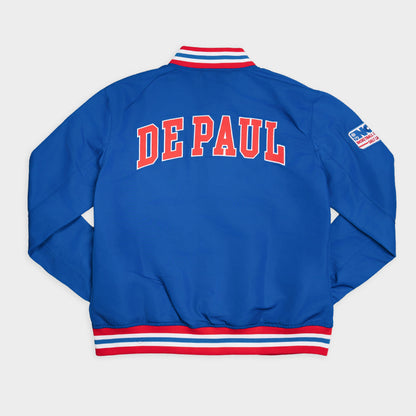 Blue jacket with 'DePaul' text on a white background