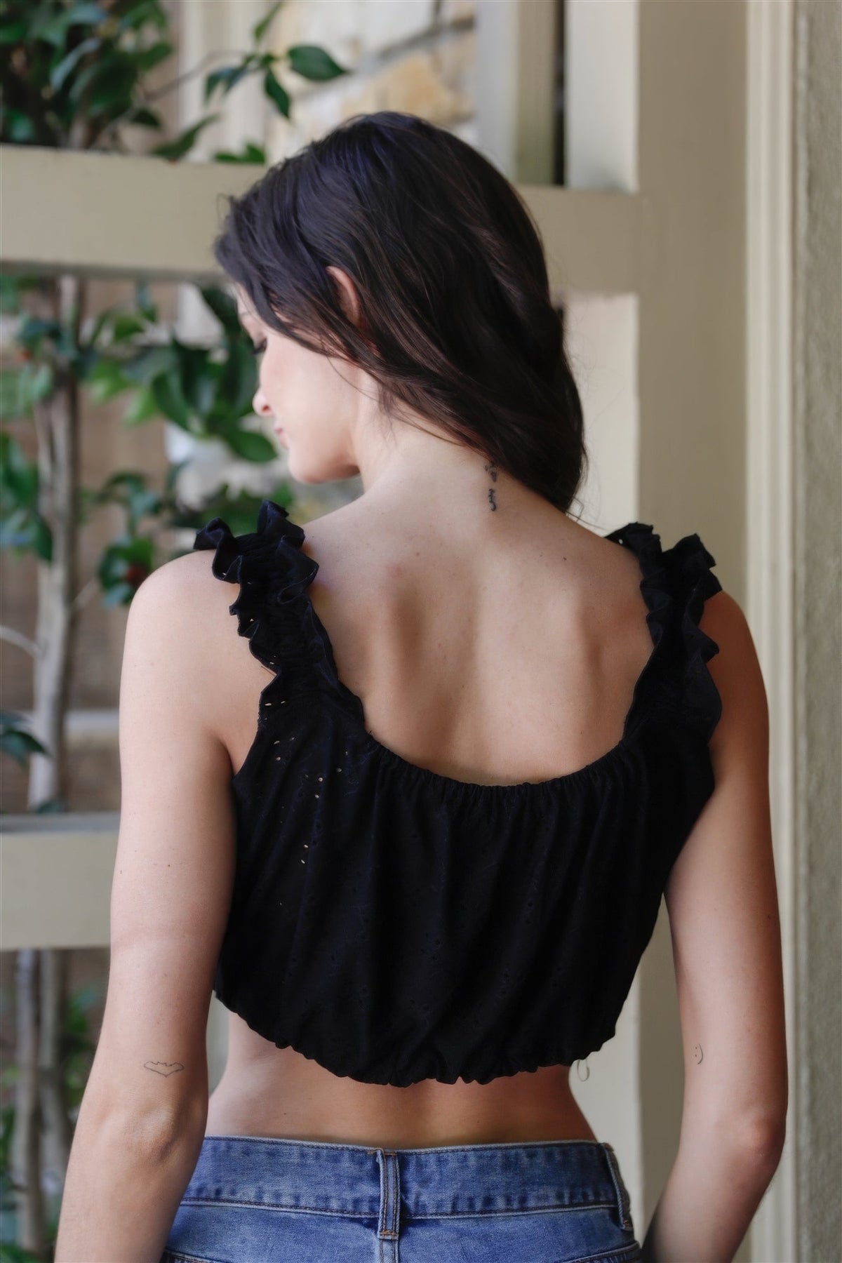 Embroidered Ruffle Trim Strap Sleeveless Crop Top, additional detail