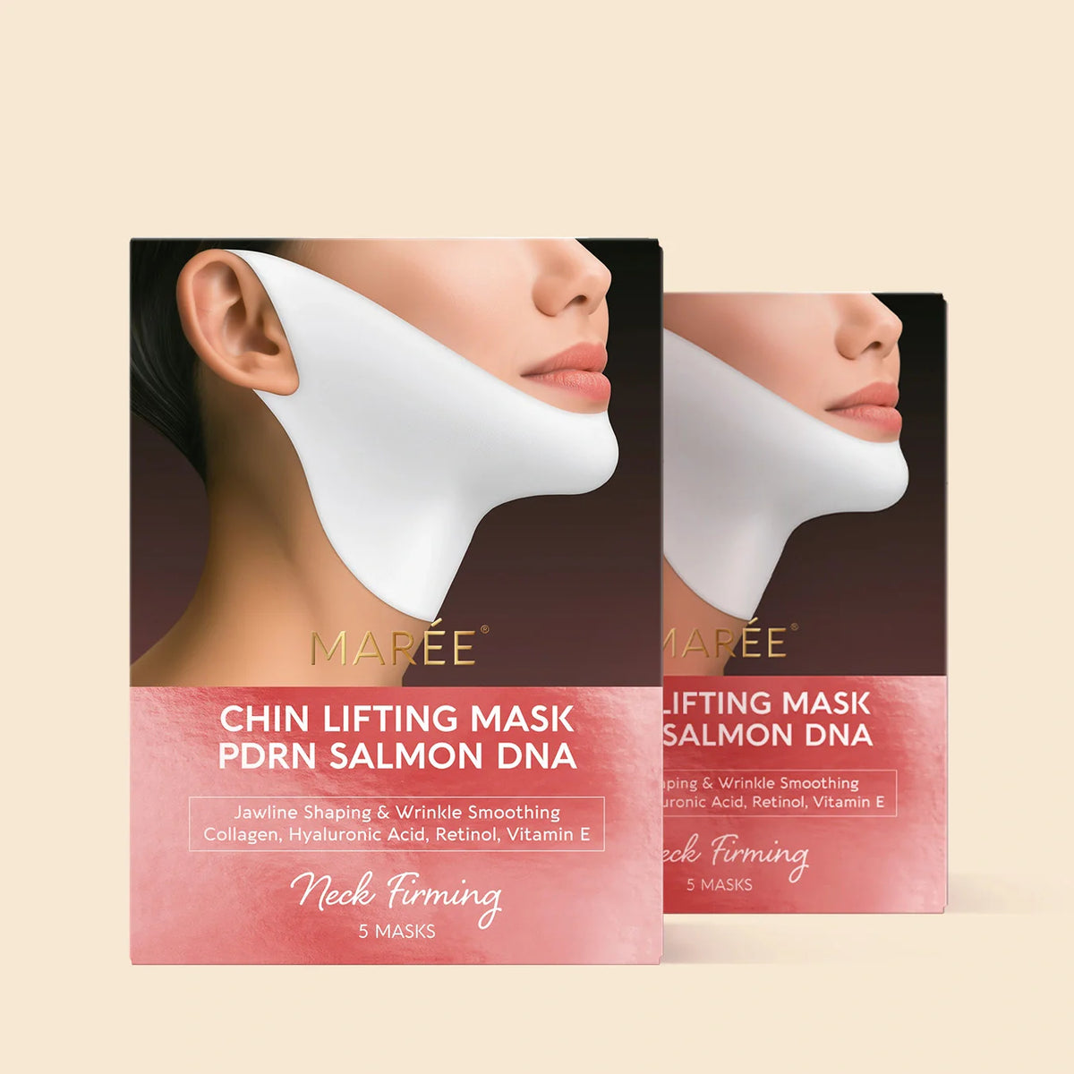 Maree Chin Lifting Mask packaging with a woman wearing the mask on a beige background