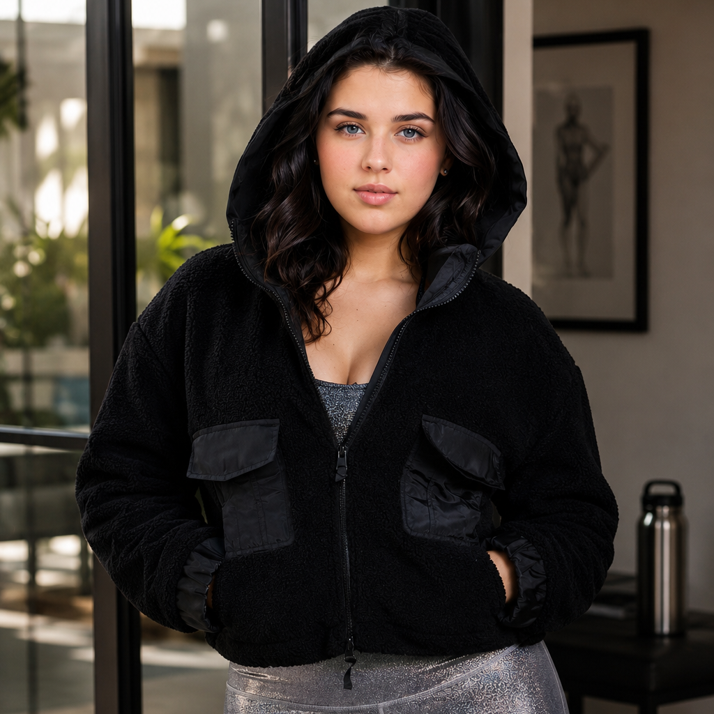 Fitkitty Culture CURVY Sherpa Dreams cropped hooded jacket, front view