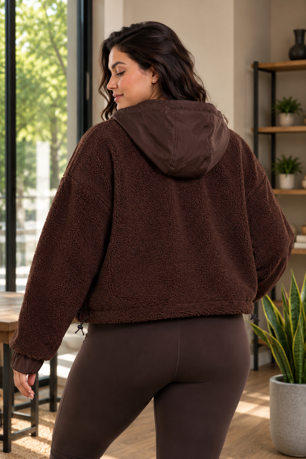 Fitkitty Culture CURVY Sherpa Dreams cropped hooded jacket, back view