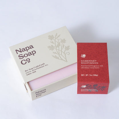 Napa Soap Co. bar soap in a box with a red packaging insert on a white background