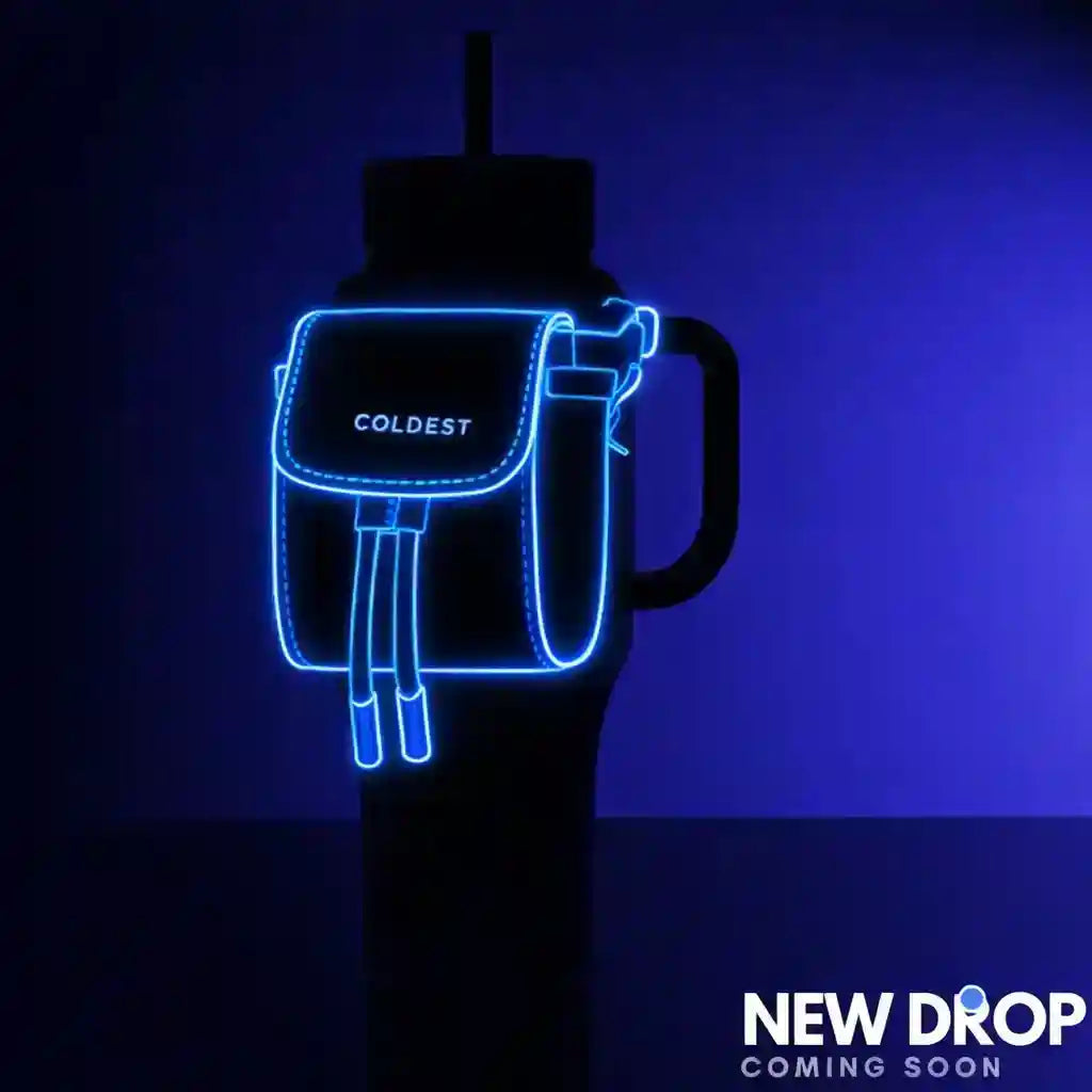 Neon glowing backpack design on a mug against a dark background with 'New Drop Coming Soon' text.