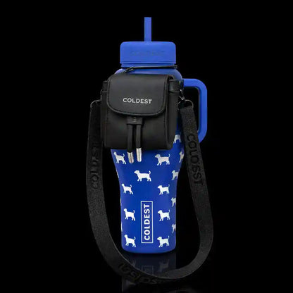 Blue insulated water bottle with dog pattern and 'Coldest' branding on a black background