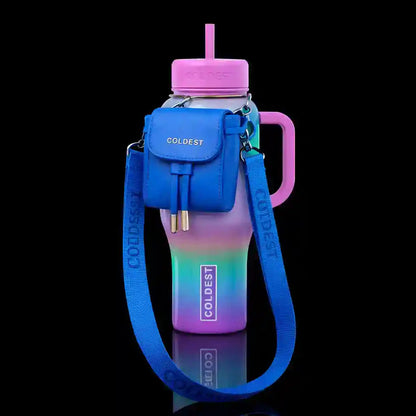 Gradient water bottle with a matching blue bag on a black background