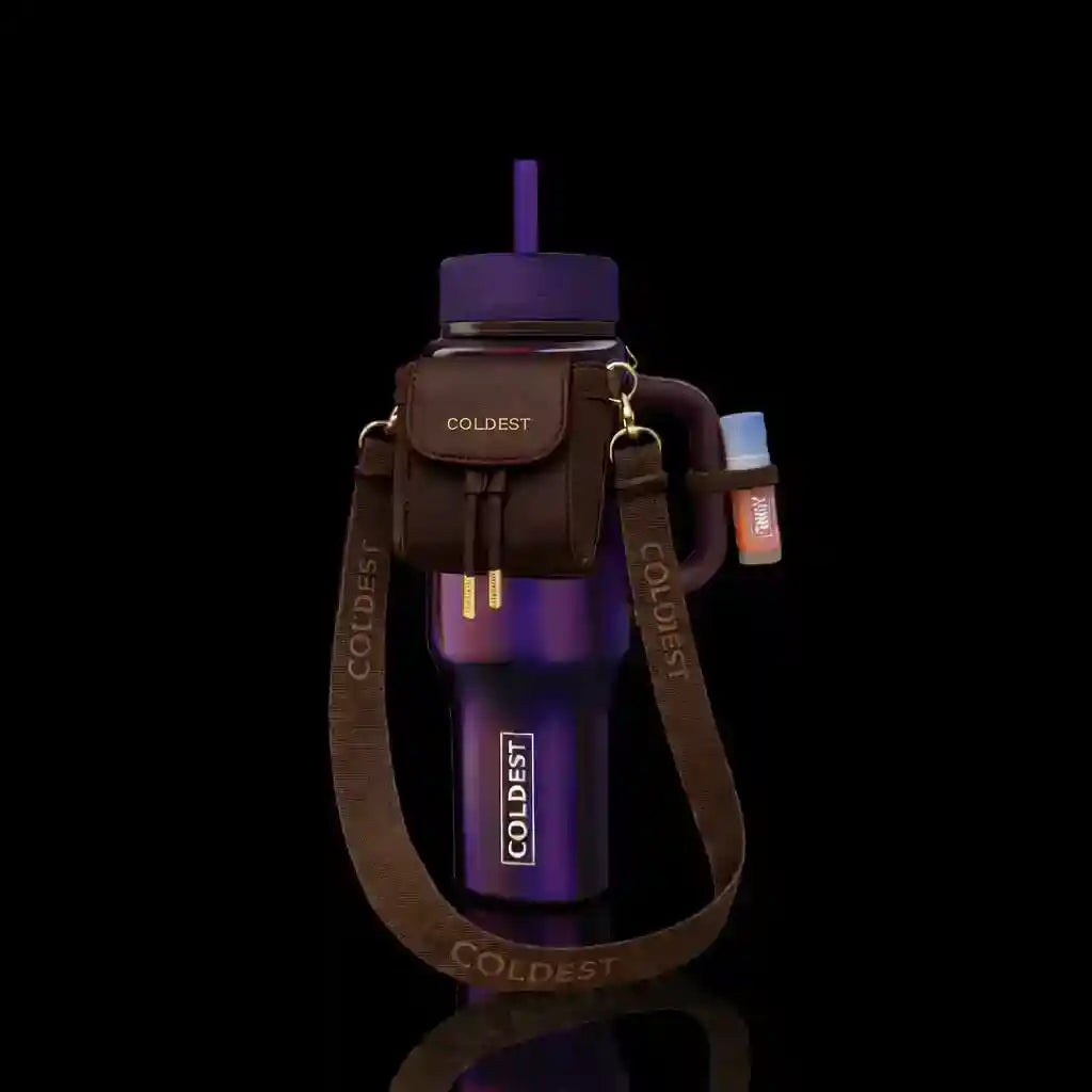 Purple water bottle with brown strap and 'Coldest' branding on a black background