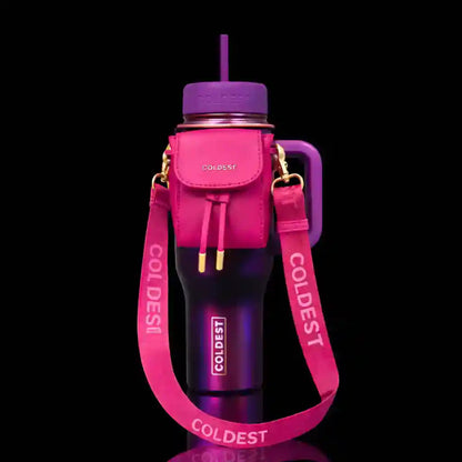 Purple water bottle with pink strap and matching pouch on a black background
