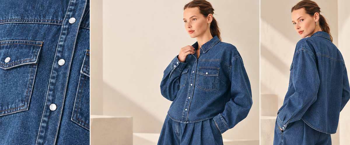 A model wears a blue denim button-up shirt and matching denim skirt in a studio setting, with a close-up detail panel on the left showing the pocket and button construction.