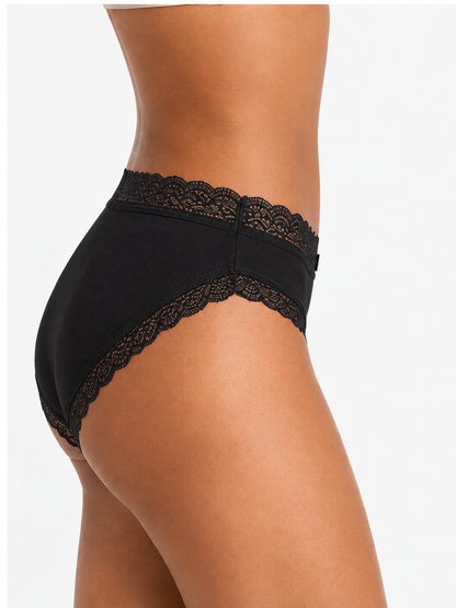 Black lace-trimmed high-waisted underwear shown on a model from a side-rear angle against a plain light background.