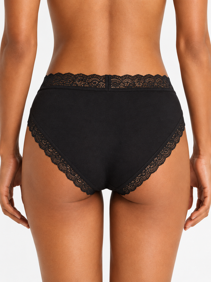 Rear view of a model wearing black high-waisted underwear with black lace trim on the waistband and leg openings, set against a plain light gray studio background.