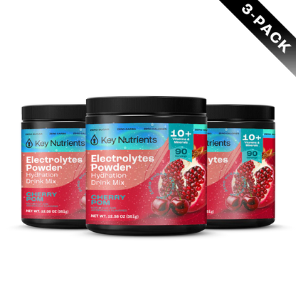 Key Nutrients Electrolyte Recovery Plus powder in Cherry Pom, three-pack packaging