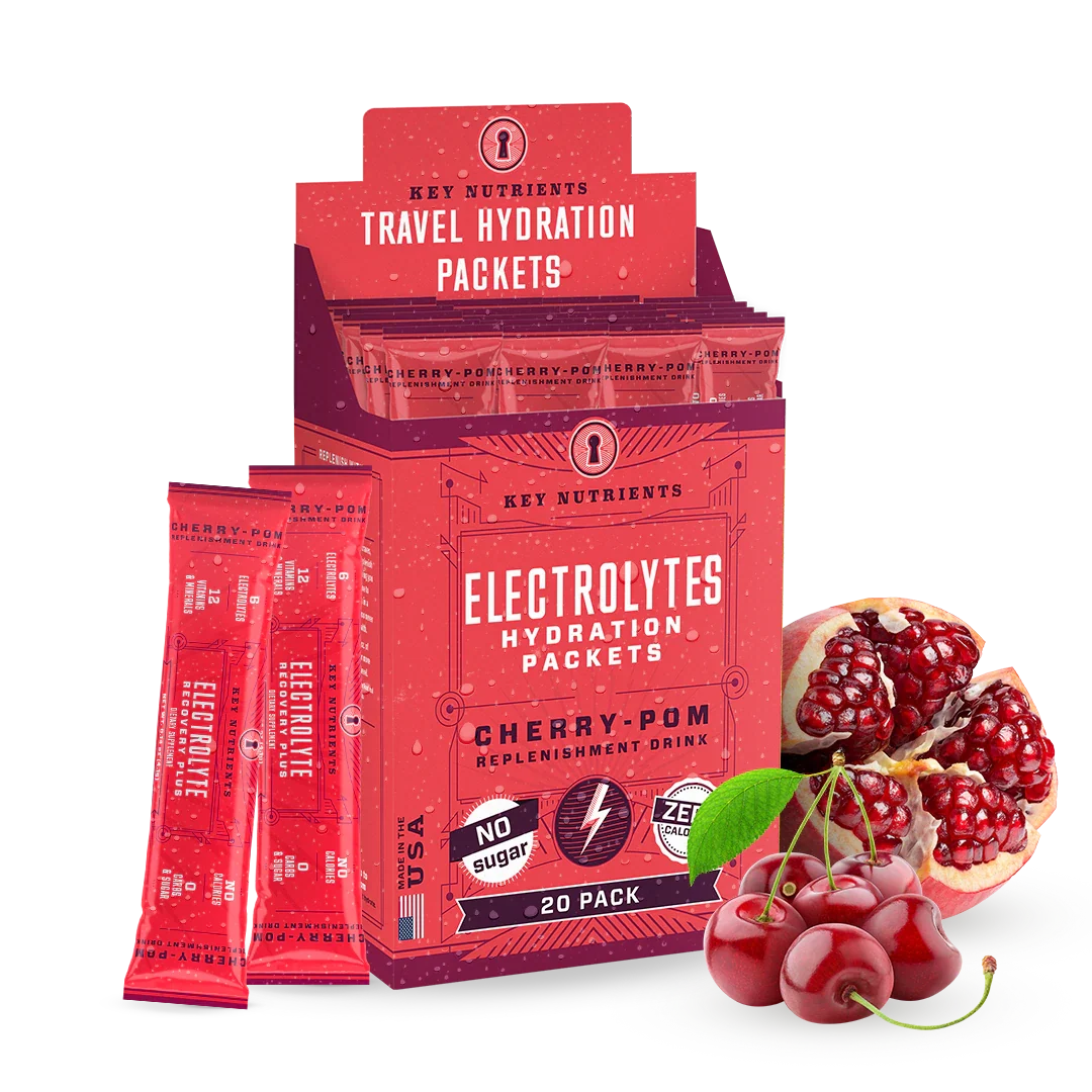 Key Nutrients Electrolyte Recovery Plus powder in Cherry Pom, single-serve packet packaging