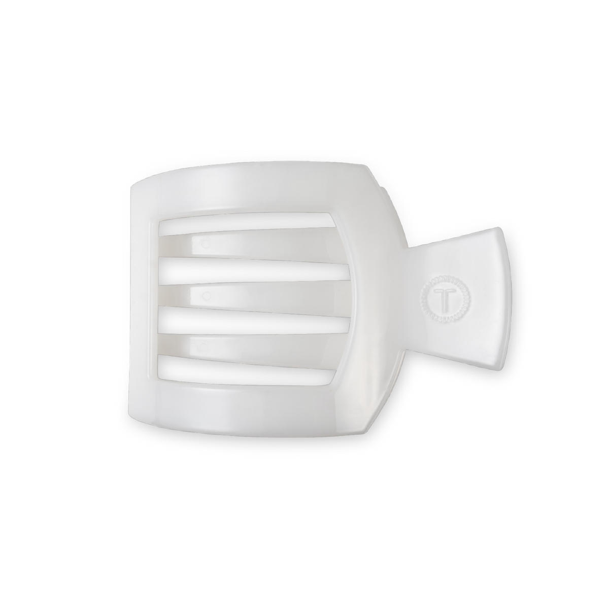 TELETIES Coconut White medium flat square hair clip with an embossed T logo, on a white background