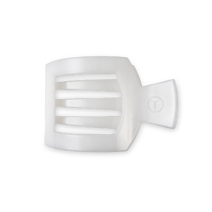 TELETIES Coconut White medium flat square hair clip with an embossed T logo, on a white background