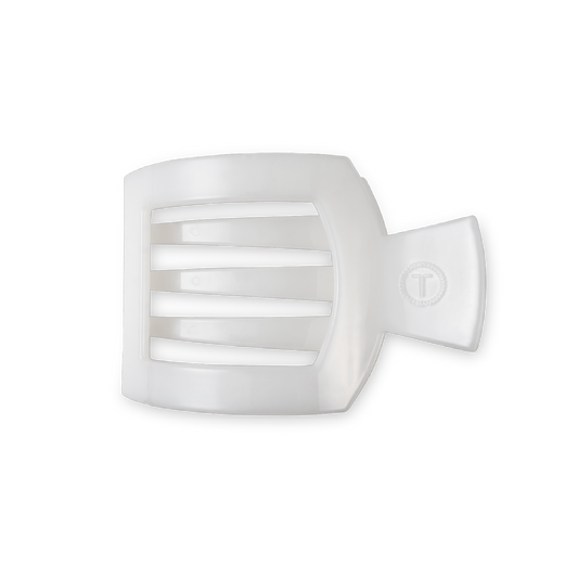 TELETIES Coconut White medium flat square hair clip with an embossed T logo, on a white background
