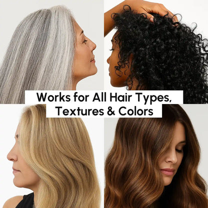 Collage of four women with different hair colors and textures, with text 'Works for All Hair Types, Textures & Colors'.