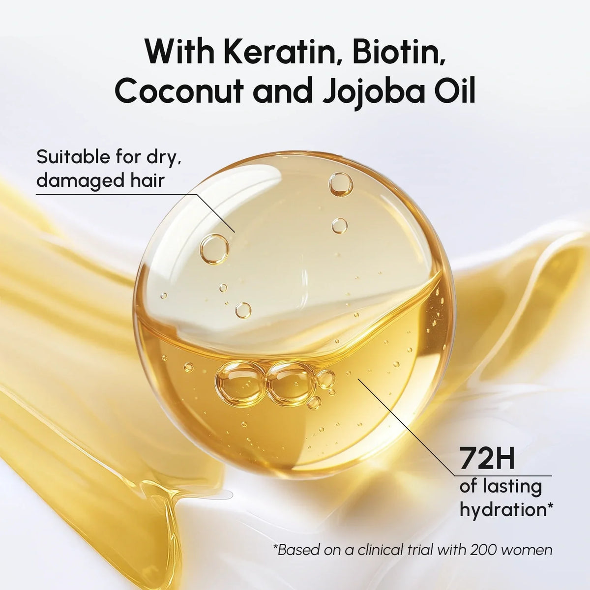 Hair oil dropper with ingredients listed on a white background
