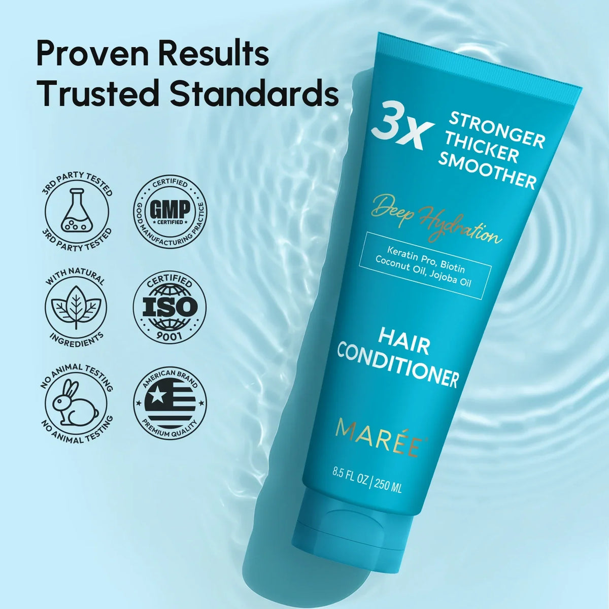Blue hair conditioner bottle with certification logos on a light blue background