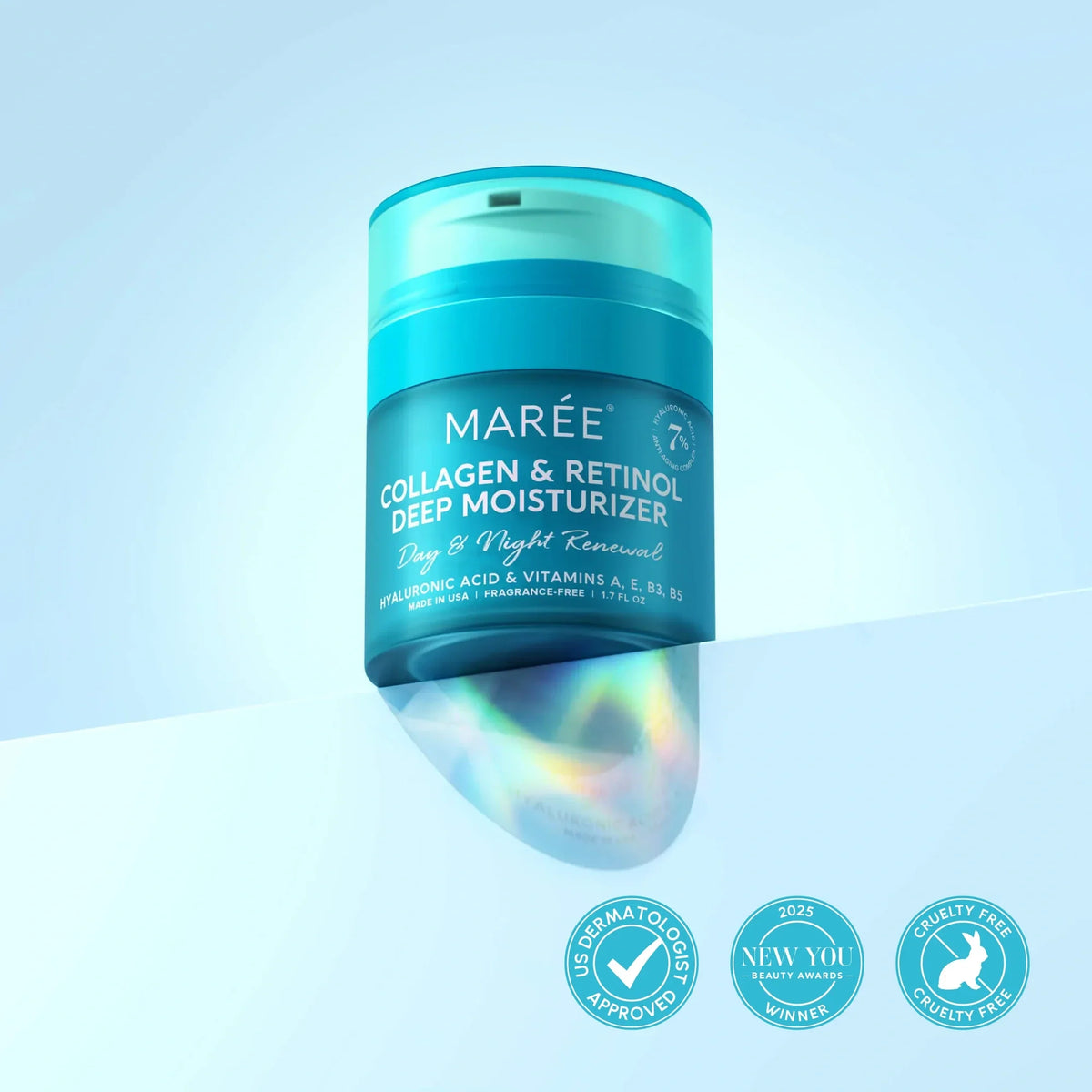 Marée Collagen & Retinol Deep Moisturizer jar in a translucent teal blue color, shown on a light blue gradient background with a soft reflection and three certification badges at the bottom.