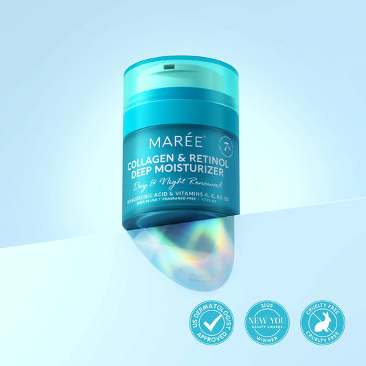 Marée Collagen & Retinol Deep Moisturizer jar in a translucent teal blue color, shown on a light blue gradient background with a soft reflection and three certification badges at the bottom.