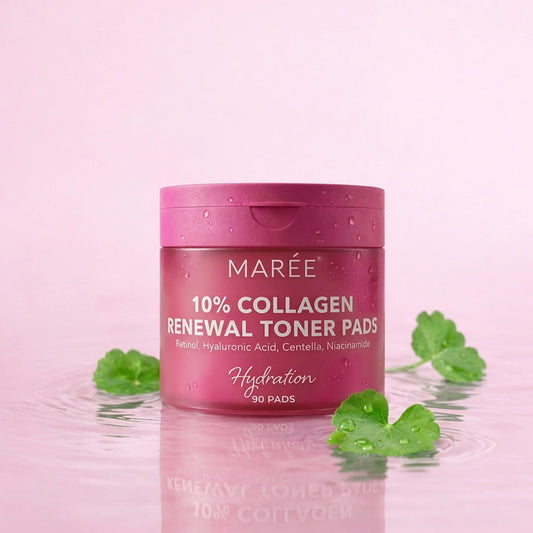 Jar of Maree 10% Collagen Renewal Toner Pads on a pink background with green leaves.