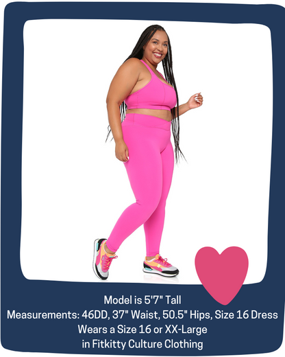 Woman wearing a bright pink outfit with text about model measurements and clothing size.