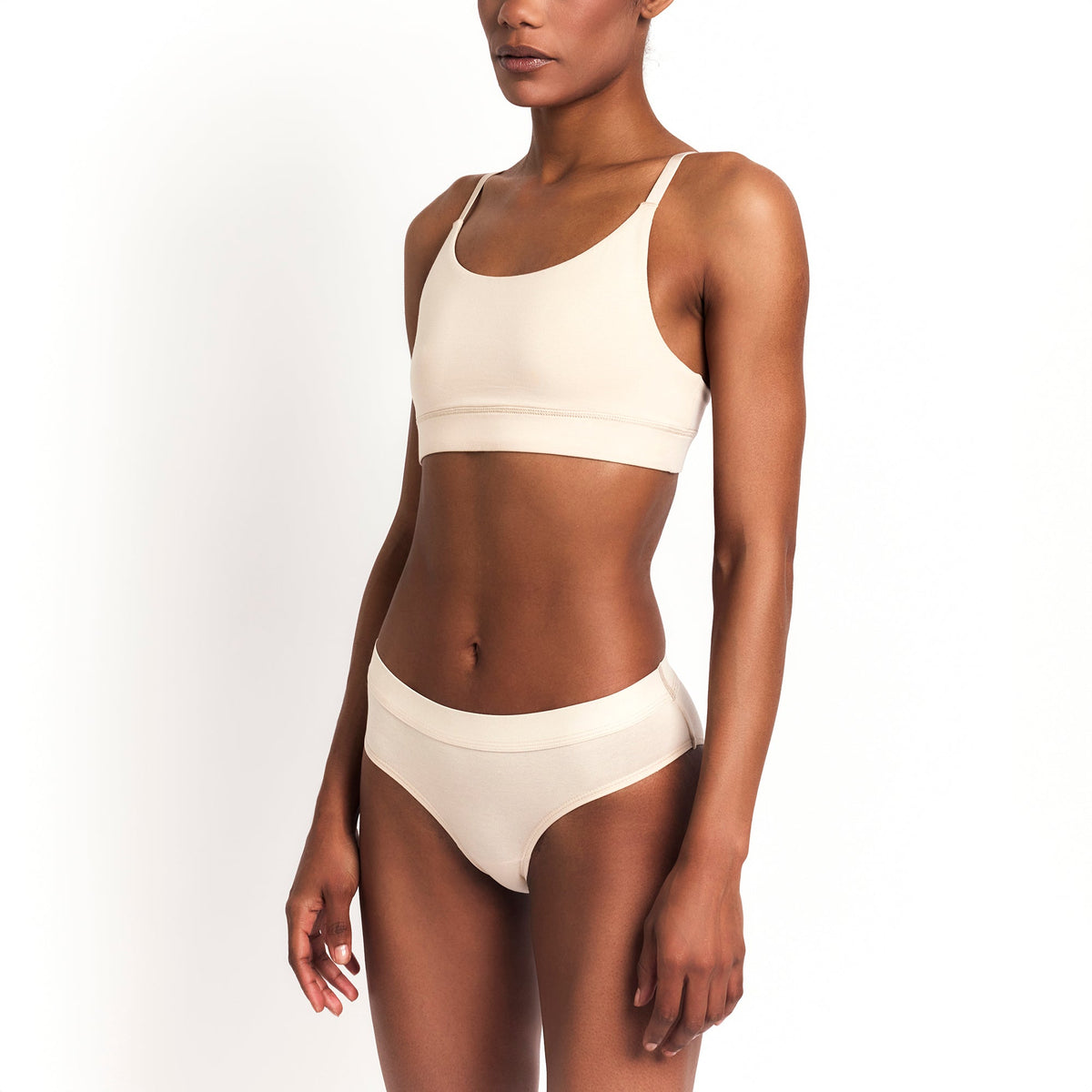 Organic Cotton Mid-Rise Brief in Latte, alternate on-model view on a white background