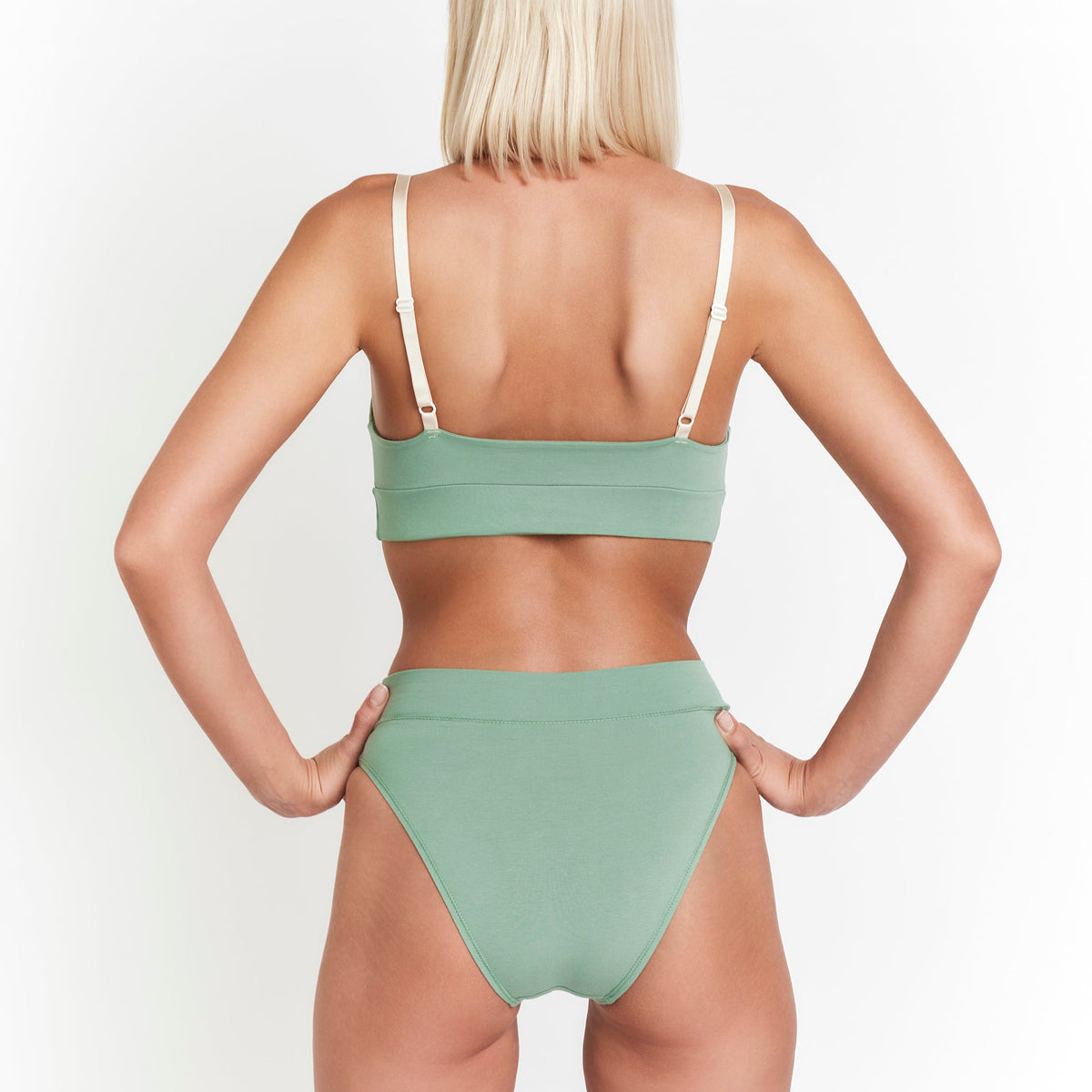 Organic Cotton Cheeky Tanga in Matcha, on-model view