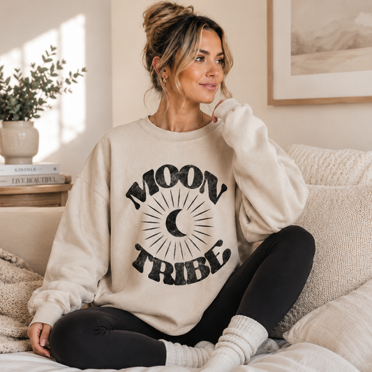 Fitkitty Culture Lunar Essence fleece crew with Moon Tribe graphic in soft sand, main product image