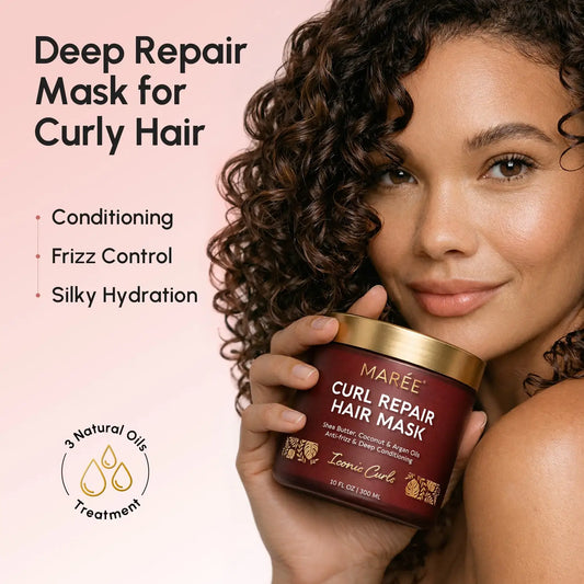 Woman holding a jar of Maré Curl Repair Hair Mask with product features listed on a pink background.